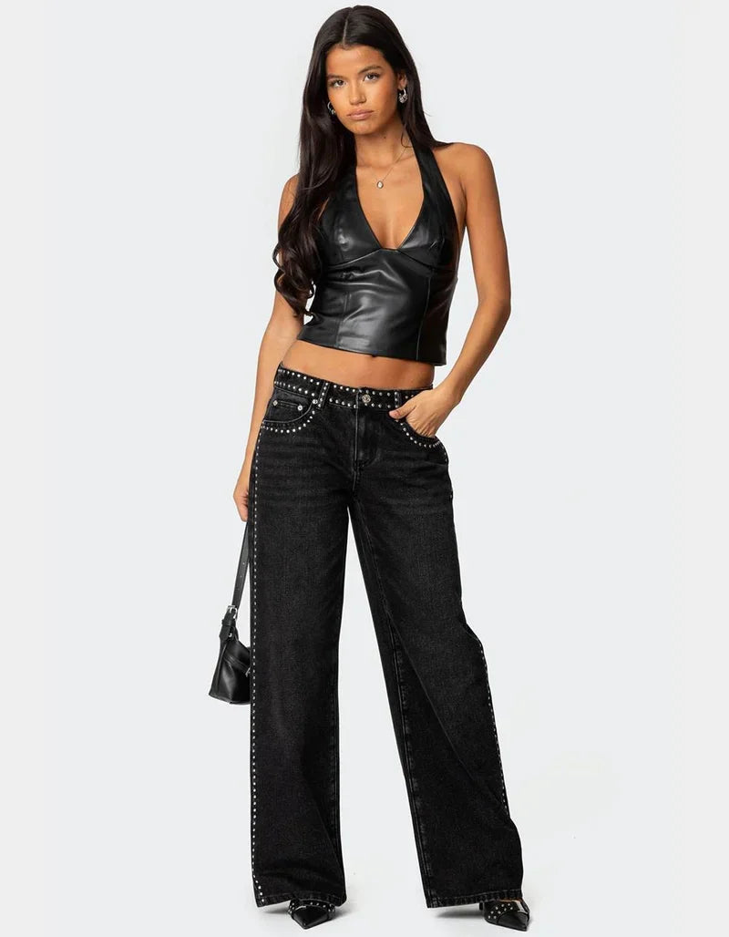 Maison Vea - Low-rise trousers adorned with rhinestones