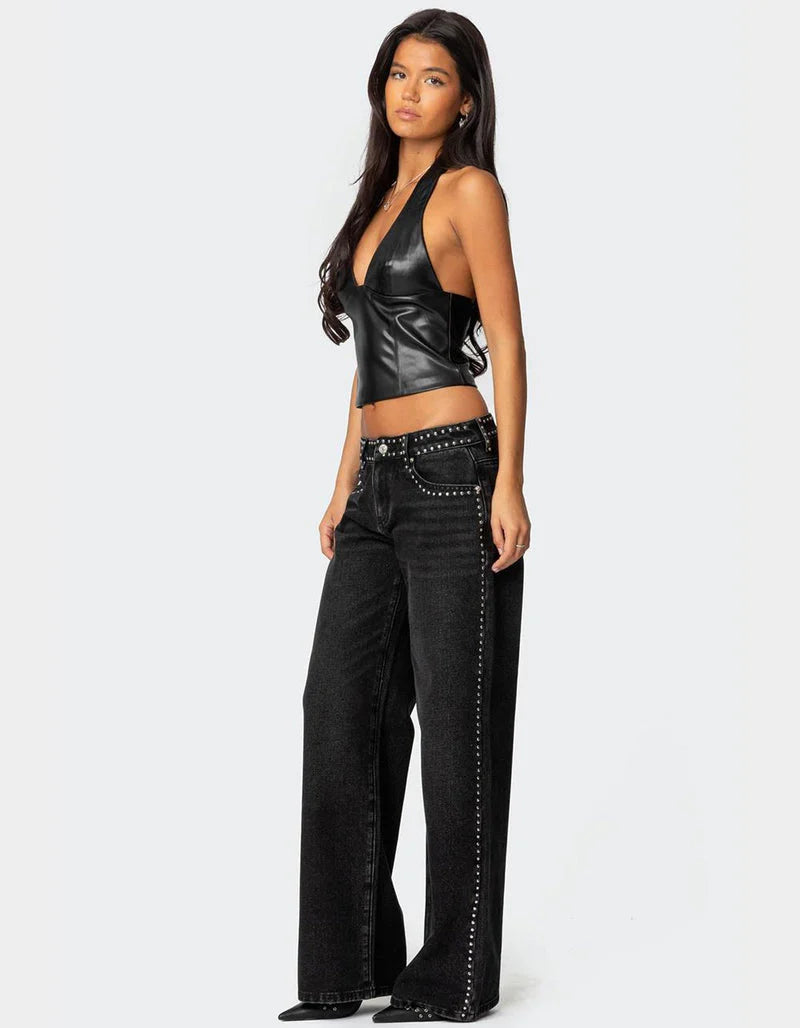 Maison Vea - Low-rise trousers adorned with rhinestones